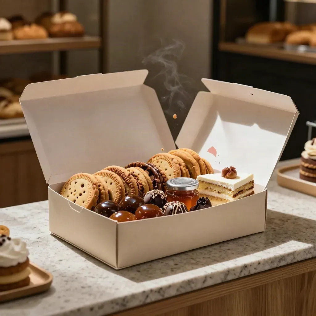 Box festa misto aperto con biscotti, praline, marmellata e torta su fondo chiaro.