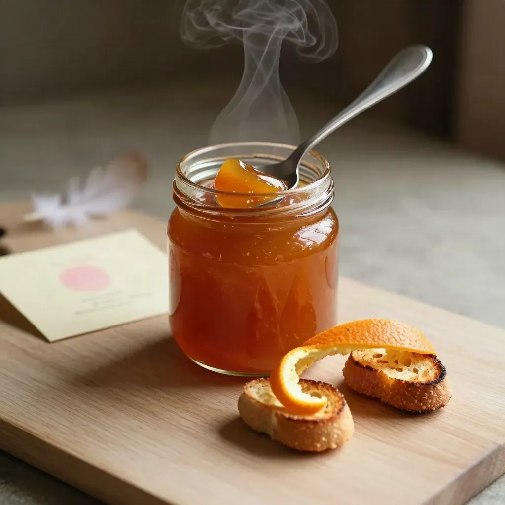 Barattolo di marmellata di arancia rossa con cucchiaio, scorze e toast su legno chiaro.