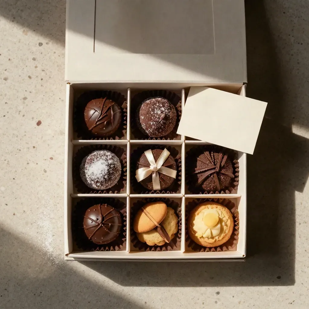 Box festa aperta con praline e dolci misti su pietra chiara, vista dall'alto