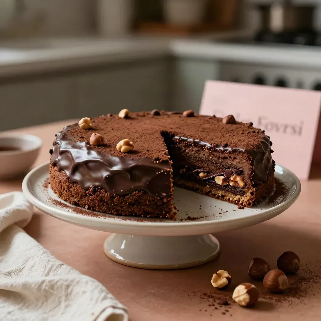 Torta nocciola e cacao su alzata, una fetta in scorrimento e briciole di nocciola.