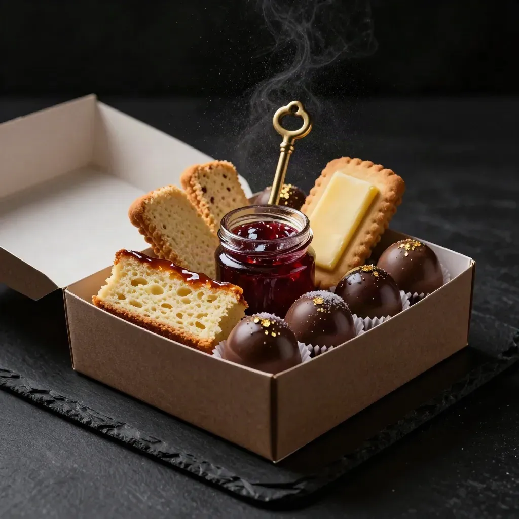 Cofanetto regalo aperto con torta, biscotti, confettura e praline su base nera elegante.