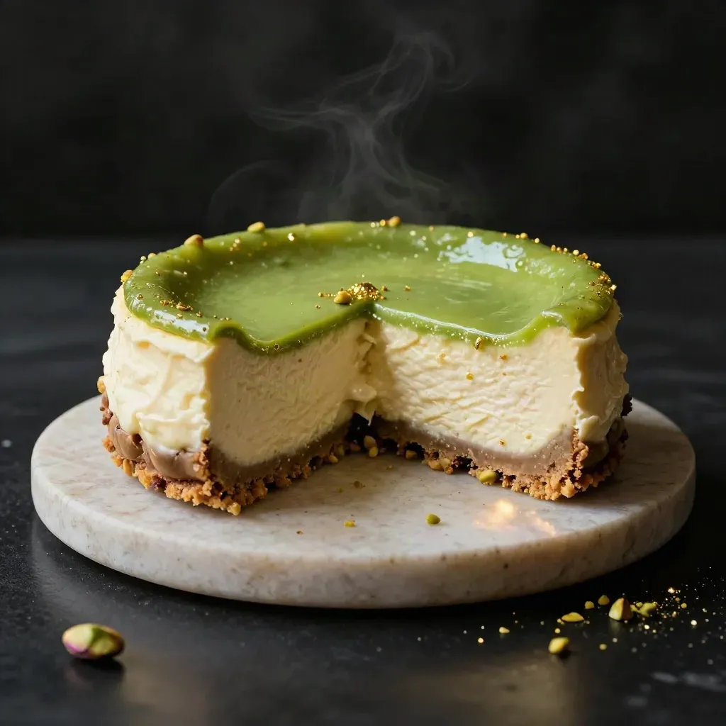 Cheesecake al pistacchio e lime su piedistallo di pietra, con fetta tagliata e briciole di pistacchio.