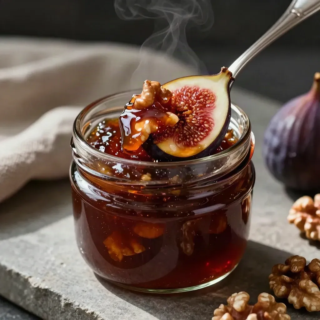 Vasetto aperto di confettura fichi e noci con fichi spaccati e noci su mensola in pietra