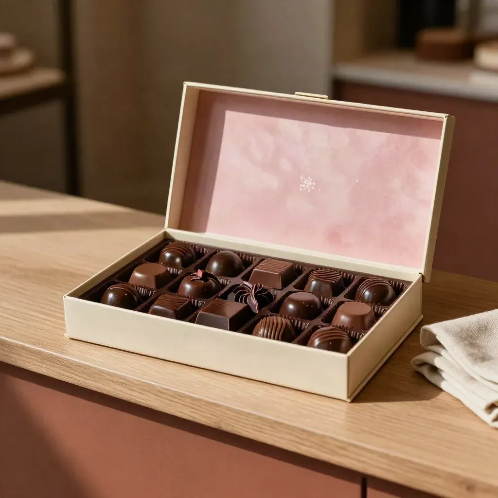 Cofanetto di cioccolatini fondenti aperto in composizione simmetrica su fondo terracotta