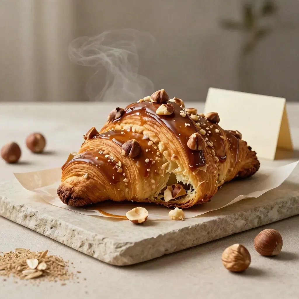 Grande babka alla nocciola con glassa lucida, nocciole e biglietto crema su lino.