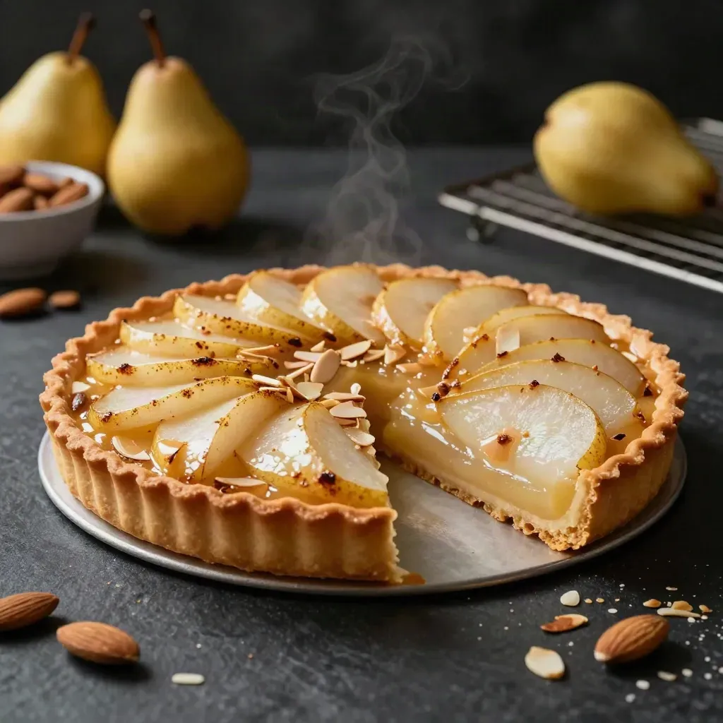 Crostata pere e mandorle con fetta staccata su fondo scuro, luce cinematografica.