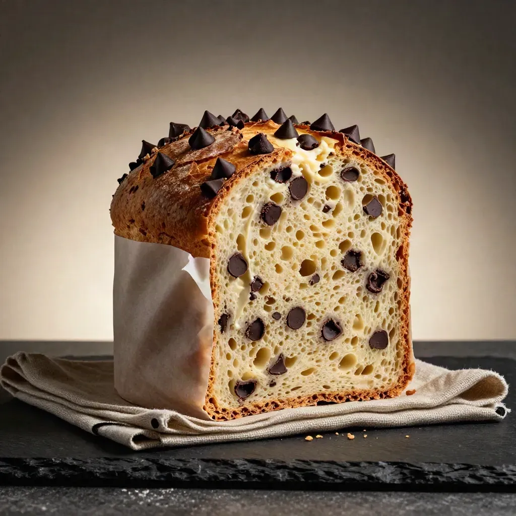Panettone alto con gocce di cioccolato e crema, fetta tagliata su lino e carta