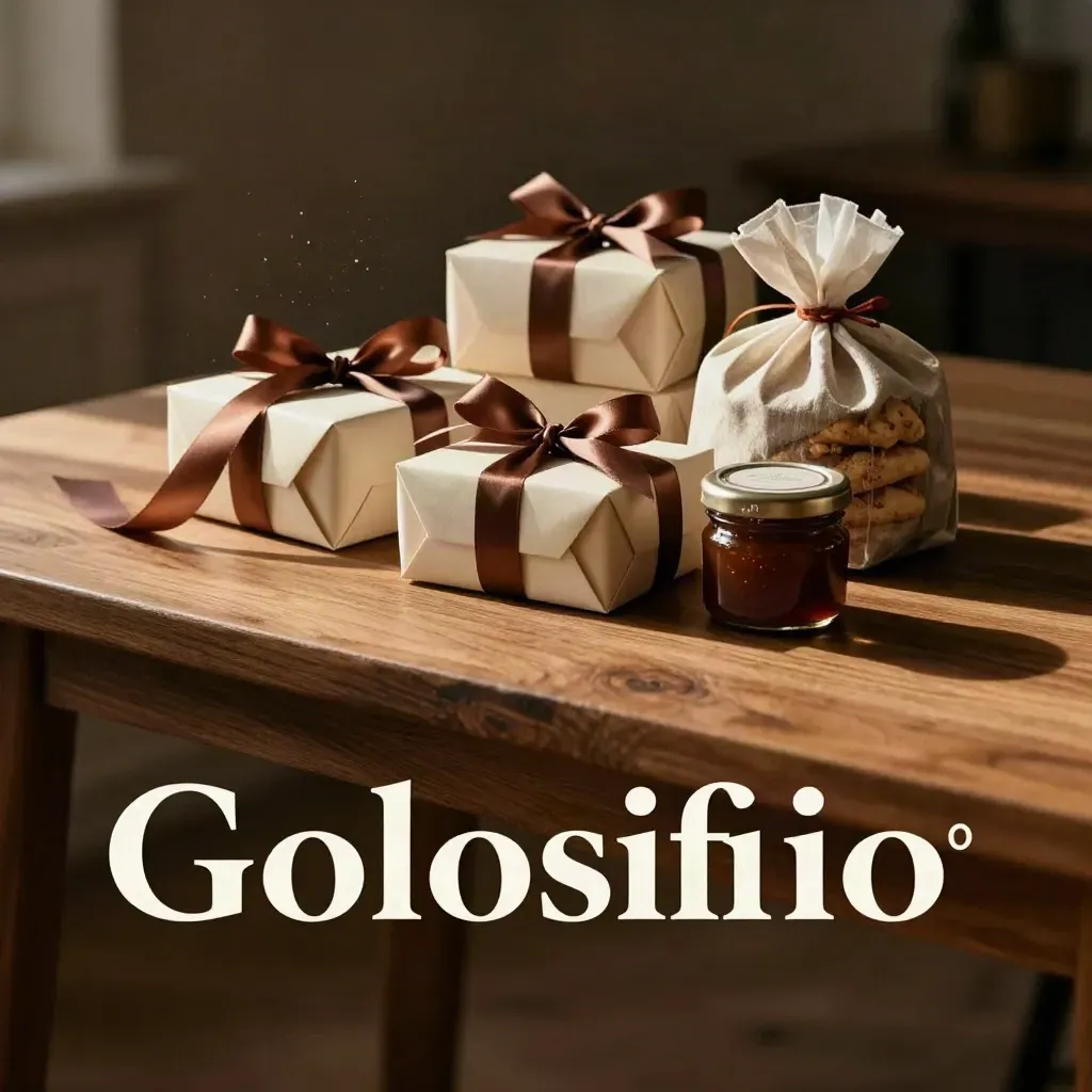 Scatole regalo di dolci artigianali su tavolo in rovere con nastro cacao e luce calda