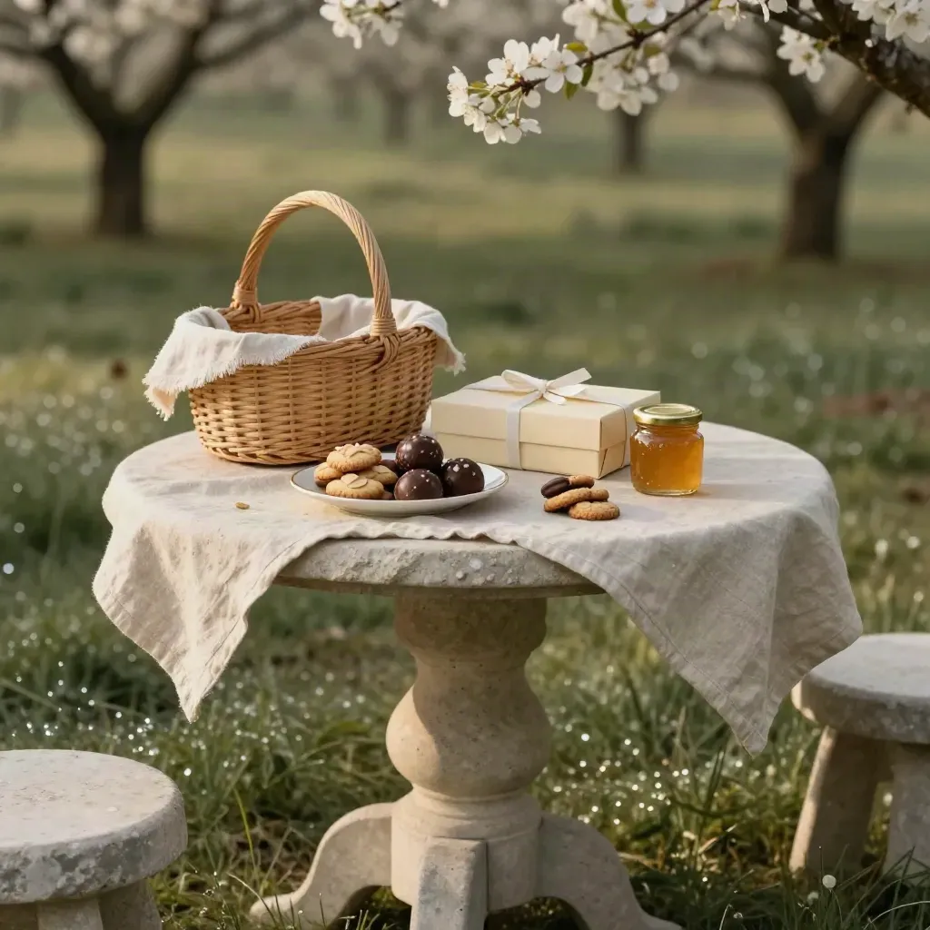 Picnic artigianale in frutteto con dolci Golosificio su tavolo di pietra, luce calda e sfondo sfumato.