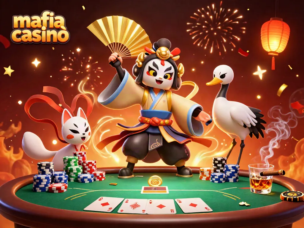 Win big at mafia casinò with exciting poker action featuring kabuki characters and vibrant game elements.